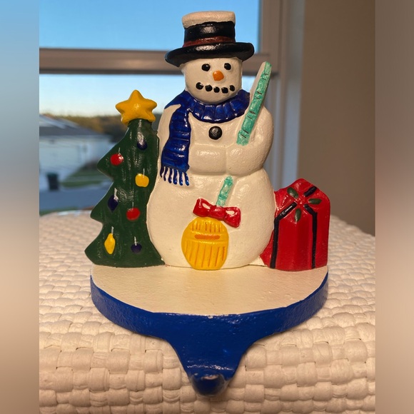 VTG 1991 Lillian Vernon Cast Iron Snowman with Christmas Tree Stocking Holder - Picture 1 of 7